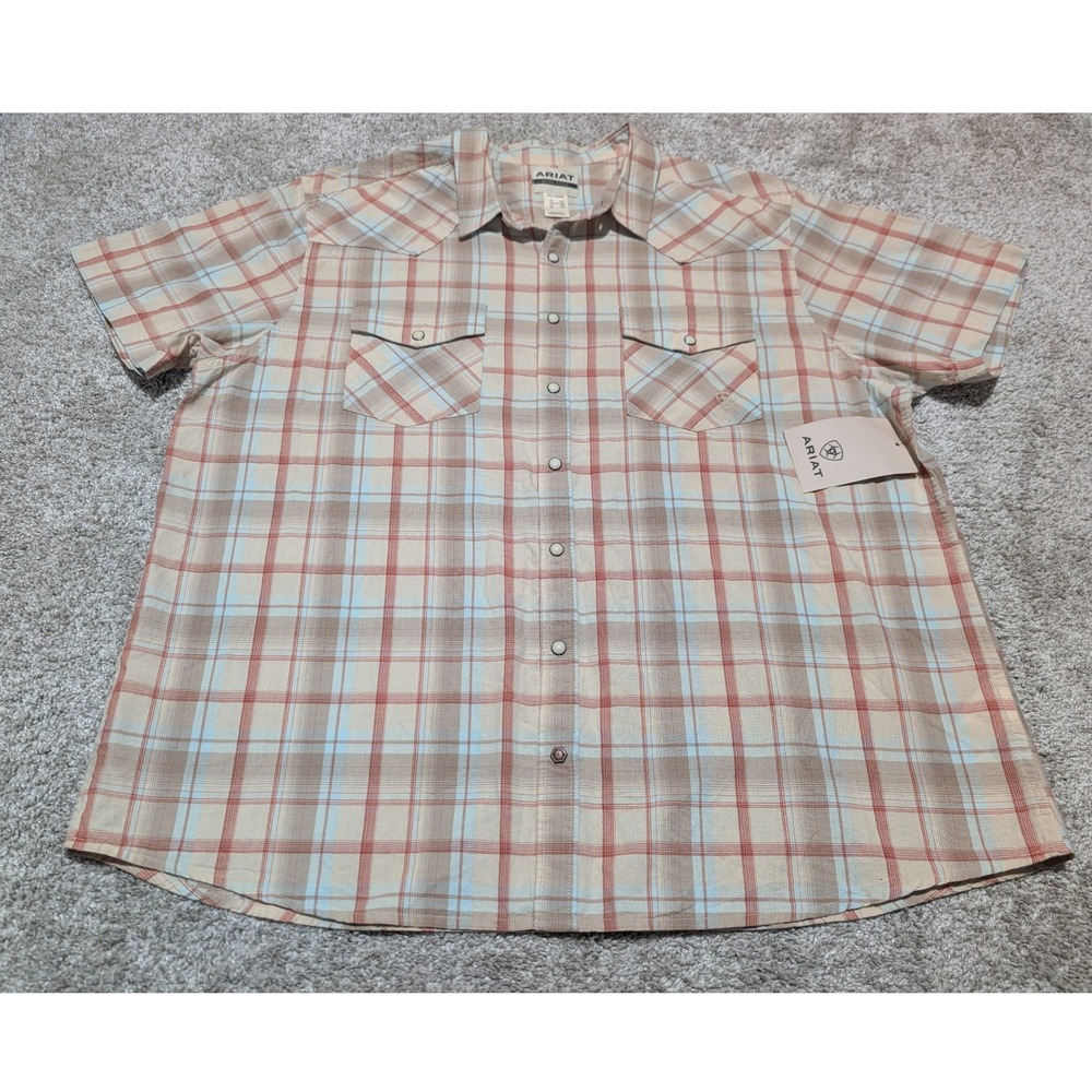 Ariat Shirt Mens XXL Brown Horton Retro Plaid Western Pearl Snap Short Sleeve